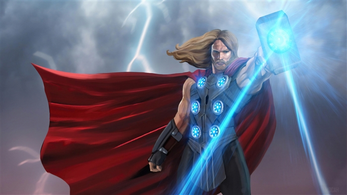 Thor from Marvel Comics with Mjolnir and Red Cape 4K