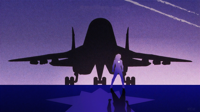 Captain Marvel in front of a jet