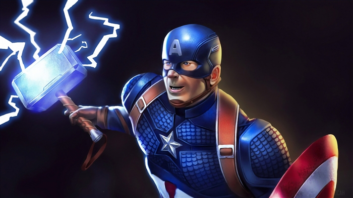 Captain America wielding Thor's Hammer