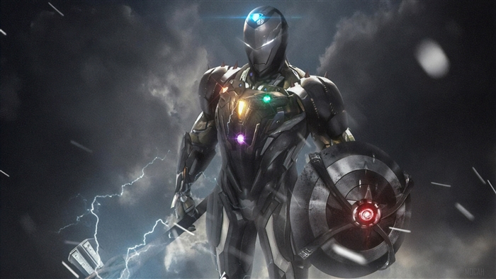Iron Man with Infinity Stones and Captain America's Shield 4K