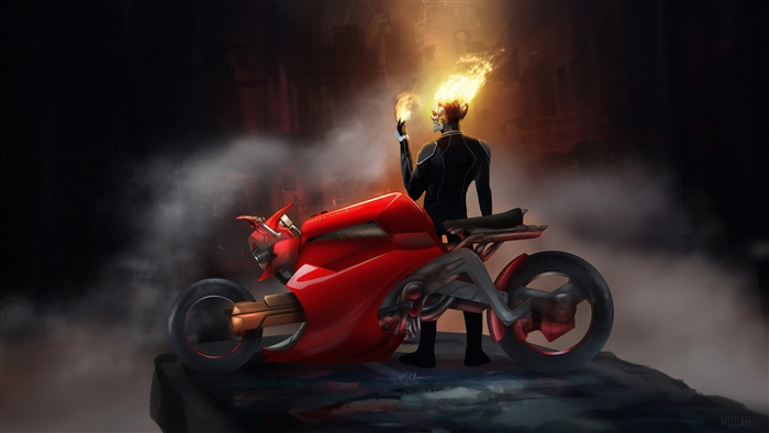 Ghost Rider on a red motorcycle 4K