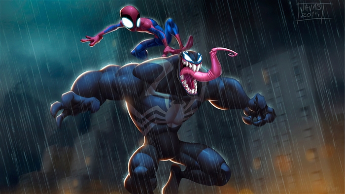 Spider-Man on Venom in the Rain