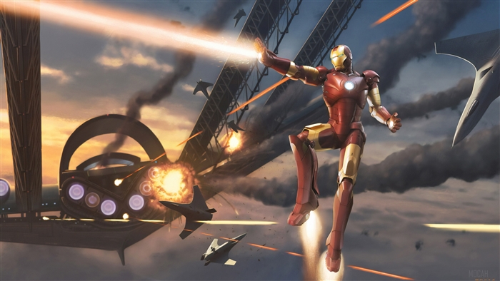 Iron Man in battle with aircraft and airship