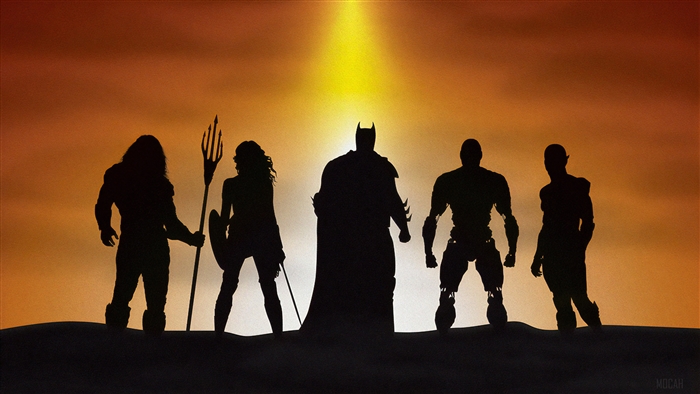 Justice League silhouettes against sunset 4K