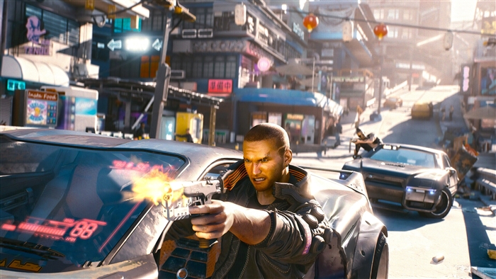 Man firing gun from car in Cyberpunk 2077 4K