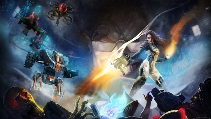 Lana from Ion Fury fighting robots and drones