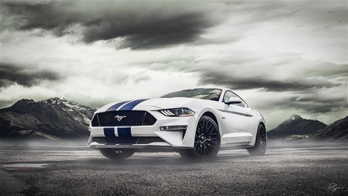 White Ford Mustang with Blue Stripes 4K