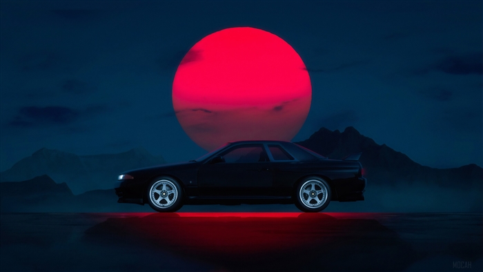 Nissan Skyline GT R 32 with Red Moon 4K