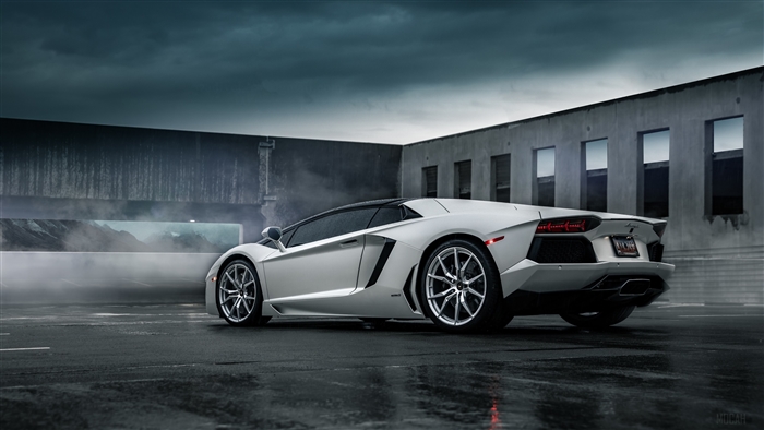 White Lamborghini Aventador parked on wet asphalt