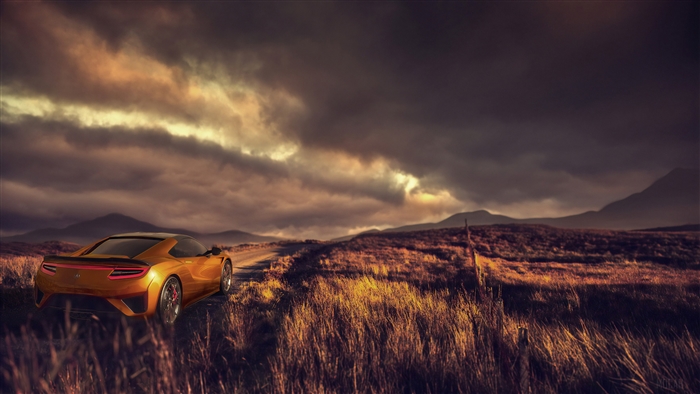 Orange Acura NSX on a dirt road