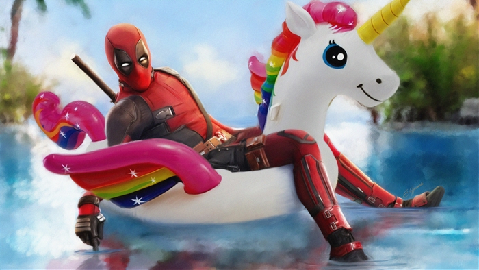 Deadpool on a unicorn float in a pool 4K