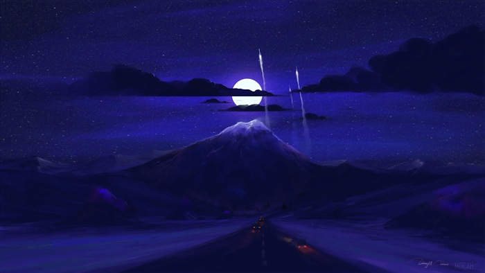 Minimalist Night Landscape with Mountain and Rockets