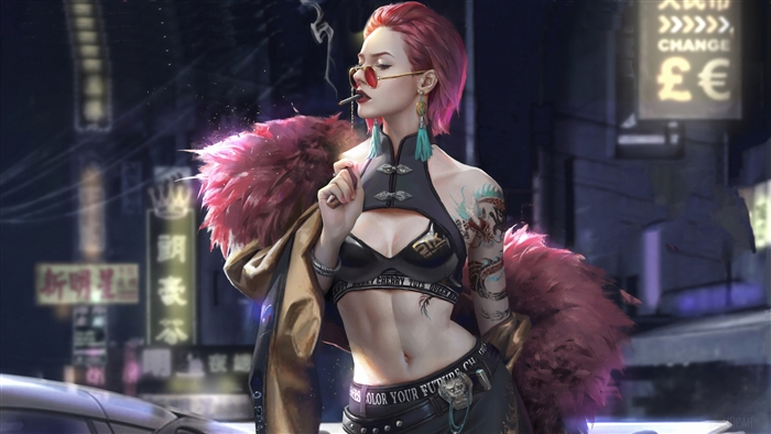 Woman with pink hair and tattoos smoking in a city at night