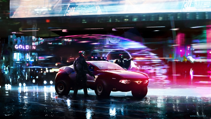 Cyberpunk Police Car with Officer in Neon City 4K
