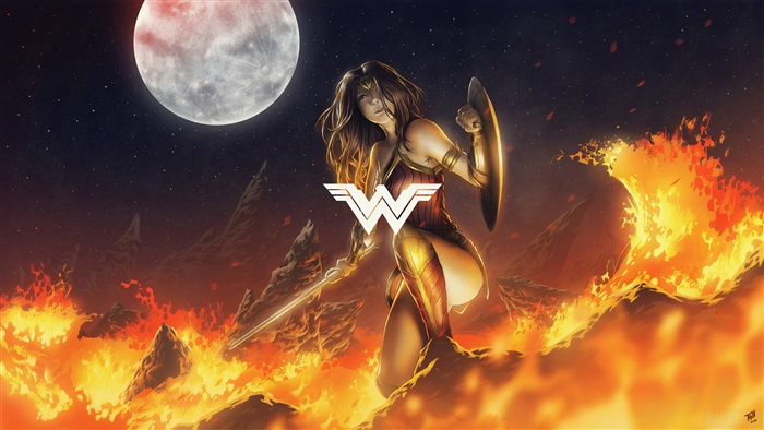 Wonder Woman in a fiery landscape under a large moon