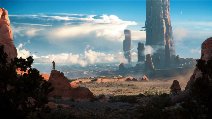 Sci-fi landscape with towering rock formations and a lone figure