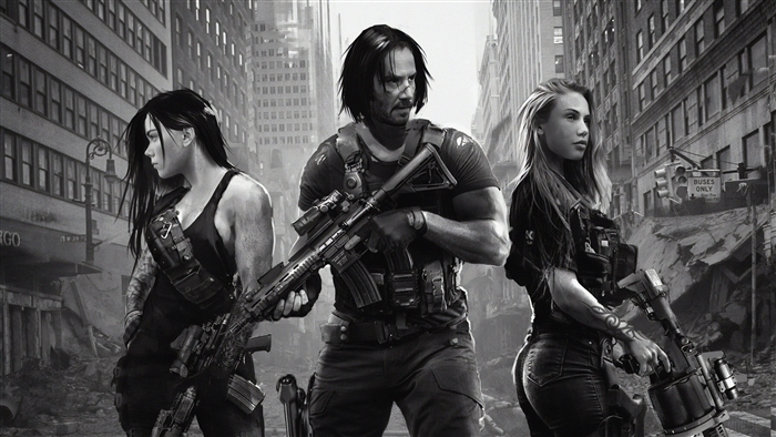 Three armed individuals in a destroyed city