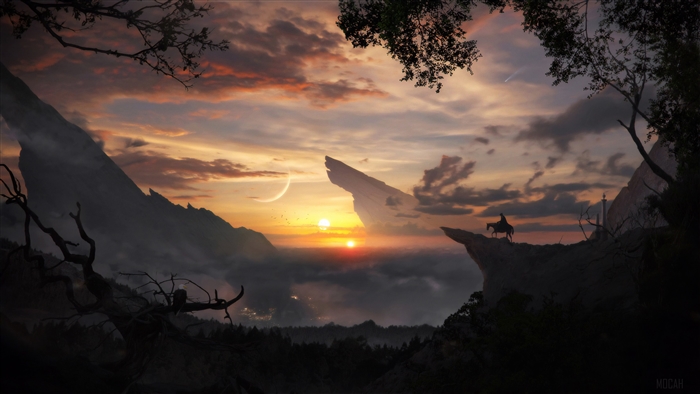Fantasy landscape with twin suns and a lone rider