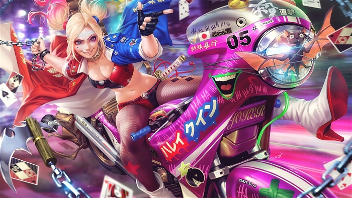 Harley Quinn from DC Comics on a motorcycle