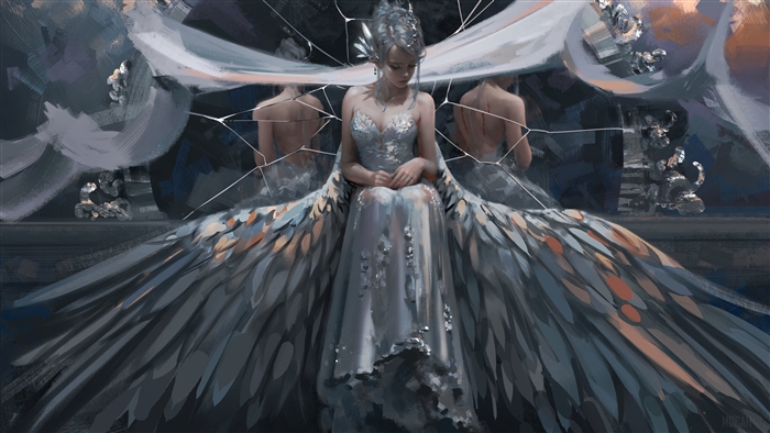 Princess with large wings in a broken mirror 4K