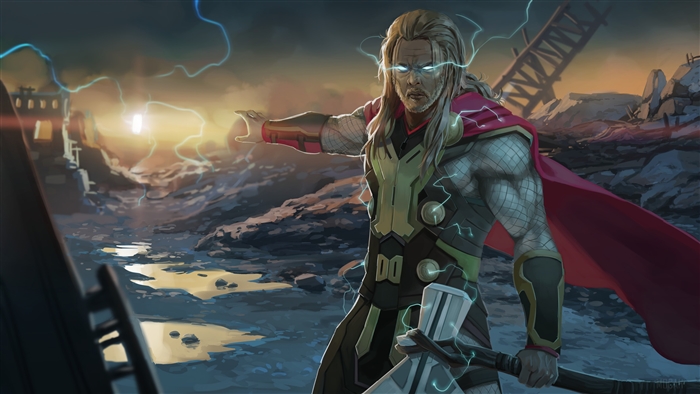 Thor from Marvel with Mjolnir in a ruined landscape 4K