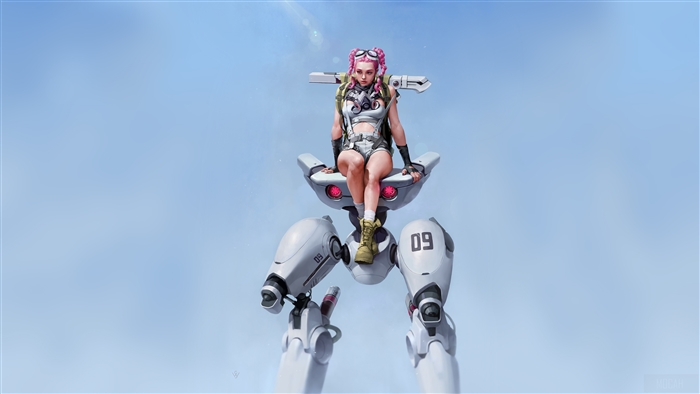 Girl with pink braided hair sitting on a robot