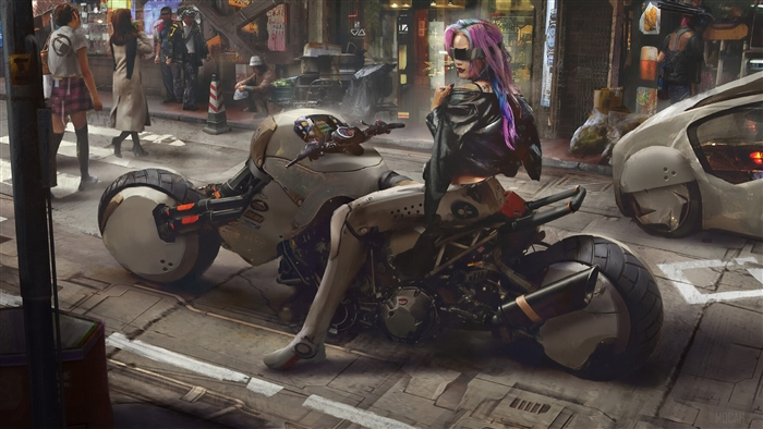 Woman on a futuristic motorcycle in a city street