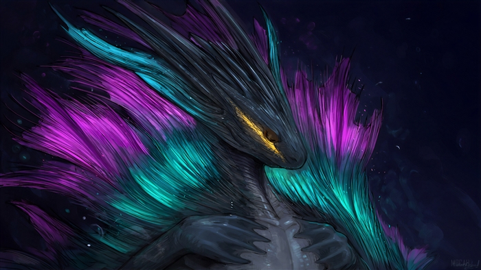 Dragon with purple and teal feathers 4K