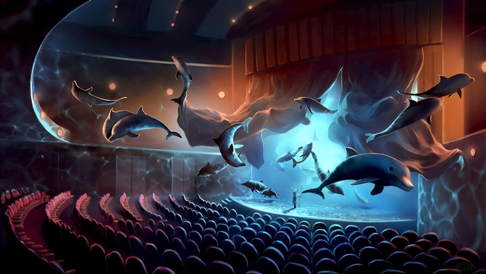 Dolphins performing in a theater 4K