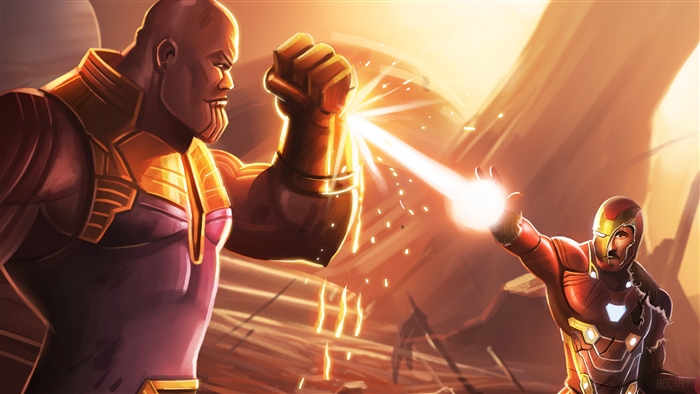 Thanos and Iron Man fighting
