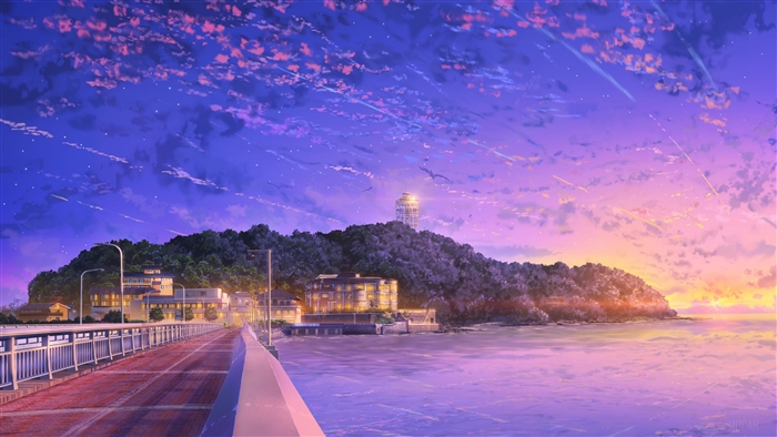 Anime Landscape with Lighthouse and Bridge 4K