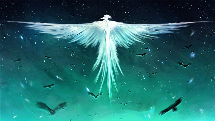 White Phoenix with Ravens in Starry Sky 4K