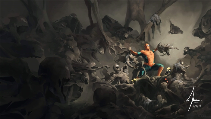 Spider-Man fighting Symbiotes in a dark environment 4K