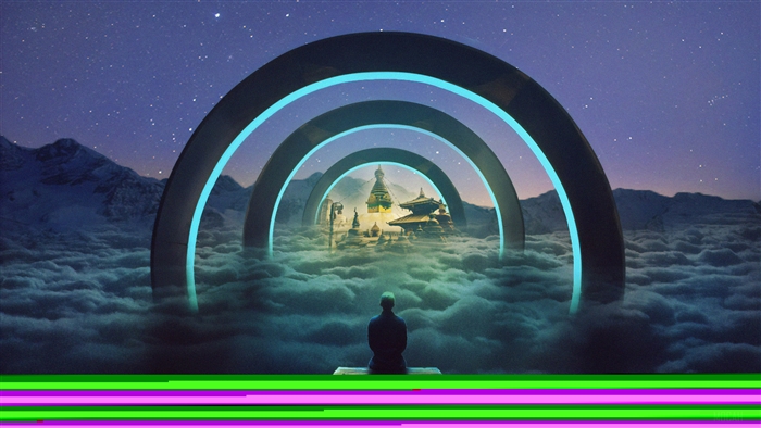 Man sitting on a platform overlooking a Buddhist temple through glowing arches