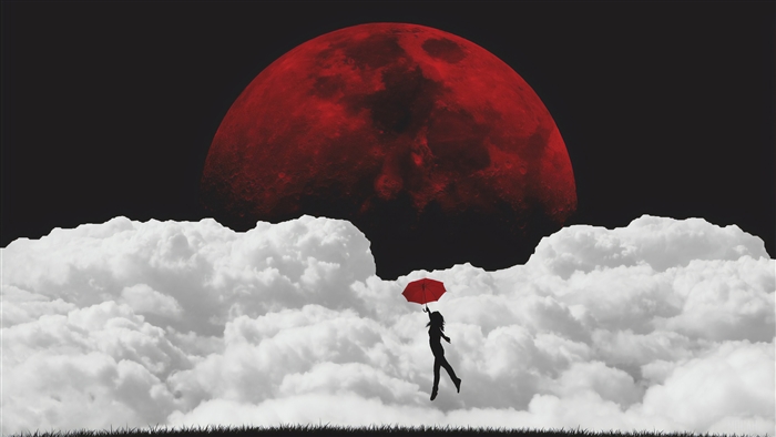 Girl with red umbrella flying towards red moon