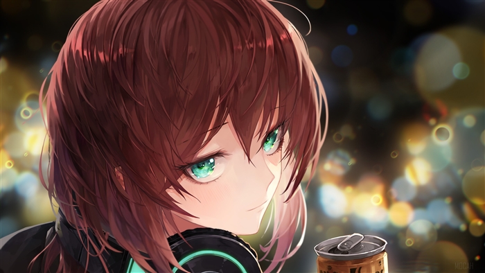 Anime Girl with Green Eyes and Headphones 4K