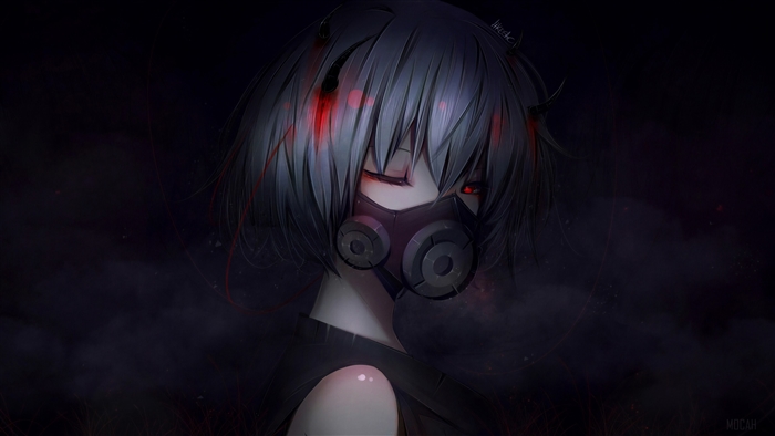 Anime girl with gas mask and red eyes 4K