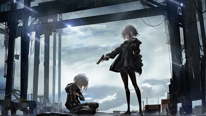 Two girls with guns in the rain