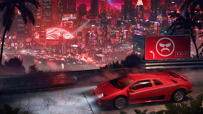 Red Lamborghini in Cyberpunk City 4K