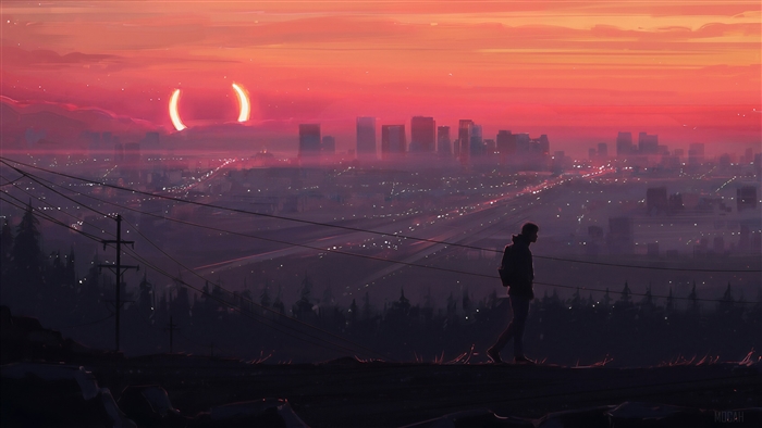 Man walking alone in front of city skyline at sunset 4K