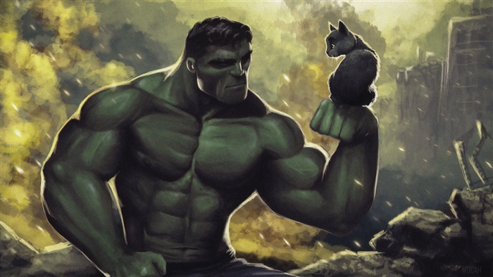 Hulk with a black cat in a destroyed city 4K