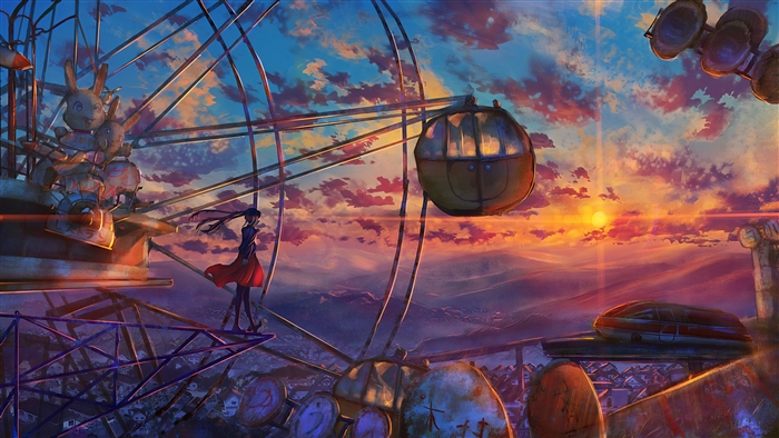 Anime girl on Ferris wheel at sunset 4K