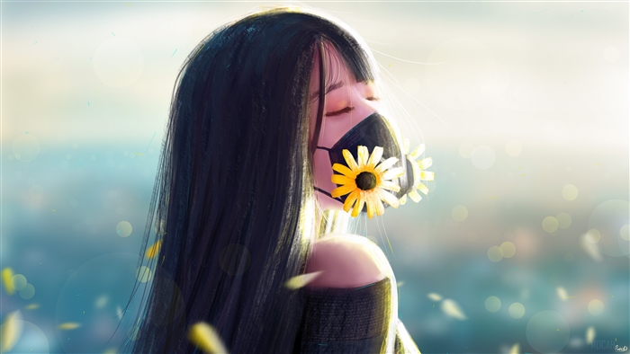 Anime Girl with Flowers on Gas Mask 4K