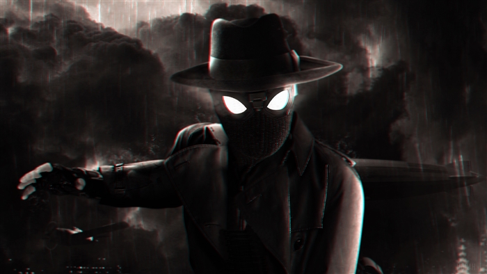 Spider-Man Noir in a trench coat and fedora