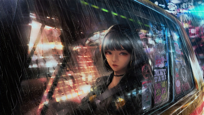 Anime girl in a taxi at night in the rain 4K