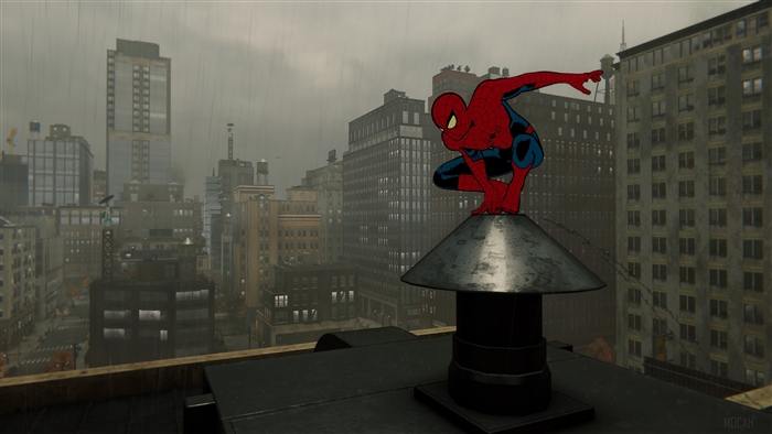 Spider-Man on a rooftop in the rain