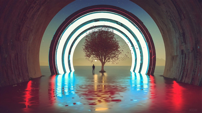 Man and tree in glowing archway 4K