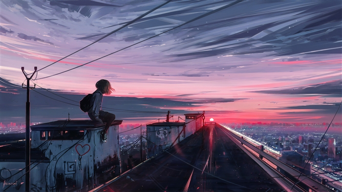 Girl on a roof overlooking city at sunset 4K