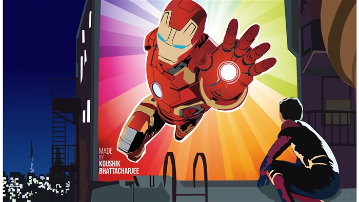 Iron Man and Spiderman looking at a billboard