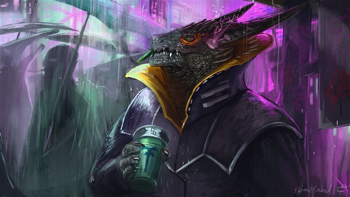 Dragon-like creature in a trench coat holding a drink